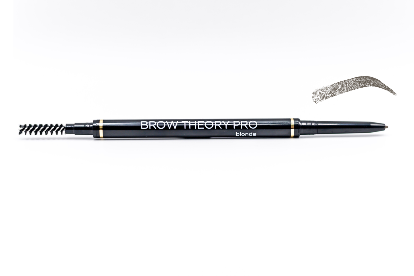 A black Brow Theory Pro eyebrow pencil with gold accents and white text, shown horizontally on a white background with a gray eyebrow swatch graphic above it.