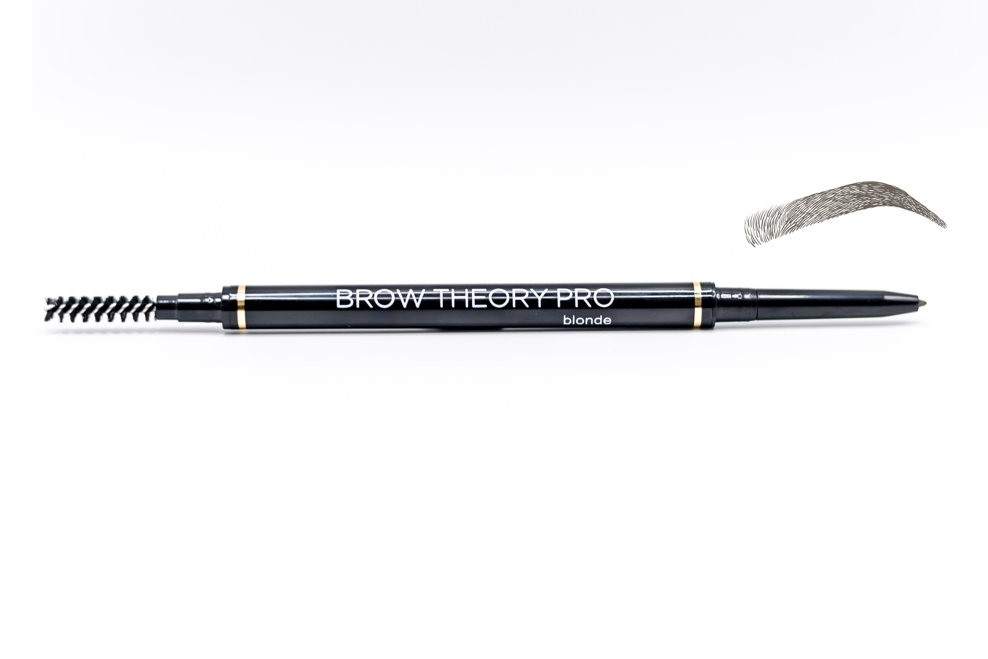 A black Brow Theory Pro eyebrow pencil with gold accents and white text, shown horizontally on a white background with a gray eyebrow swatch graphic above it.