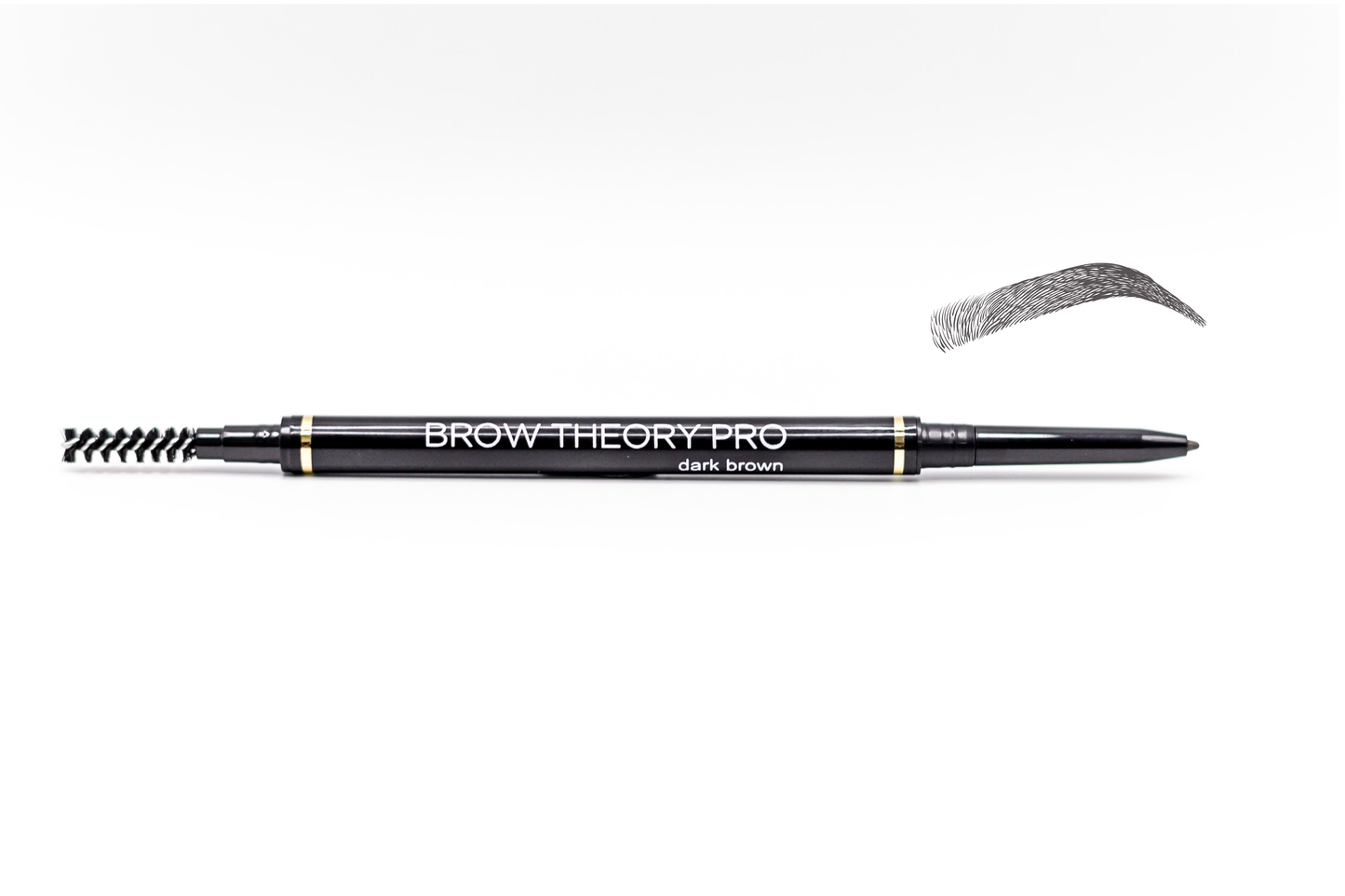 A dual-ended eyebrow pencil labeled 'BROW THEORY PRO dark brown' on a white background, with a textured sample eyebrow shape shown above the pencil.