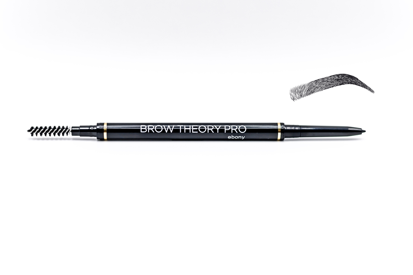 A black eyebrow pencil with a dual-ended design, featuring a spoolie brush on one side and a fine brush on the other. The brand name 'BROW THEORY PRO' is printed in white on the barrel, with a textured gray eyebrow sample shown above the pencil on a clean white background.
