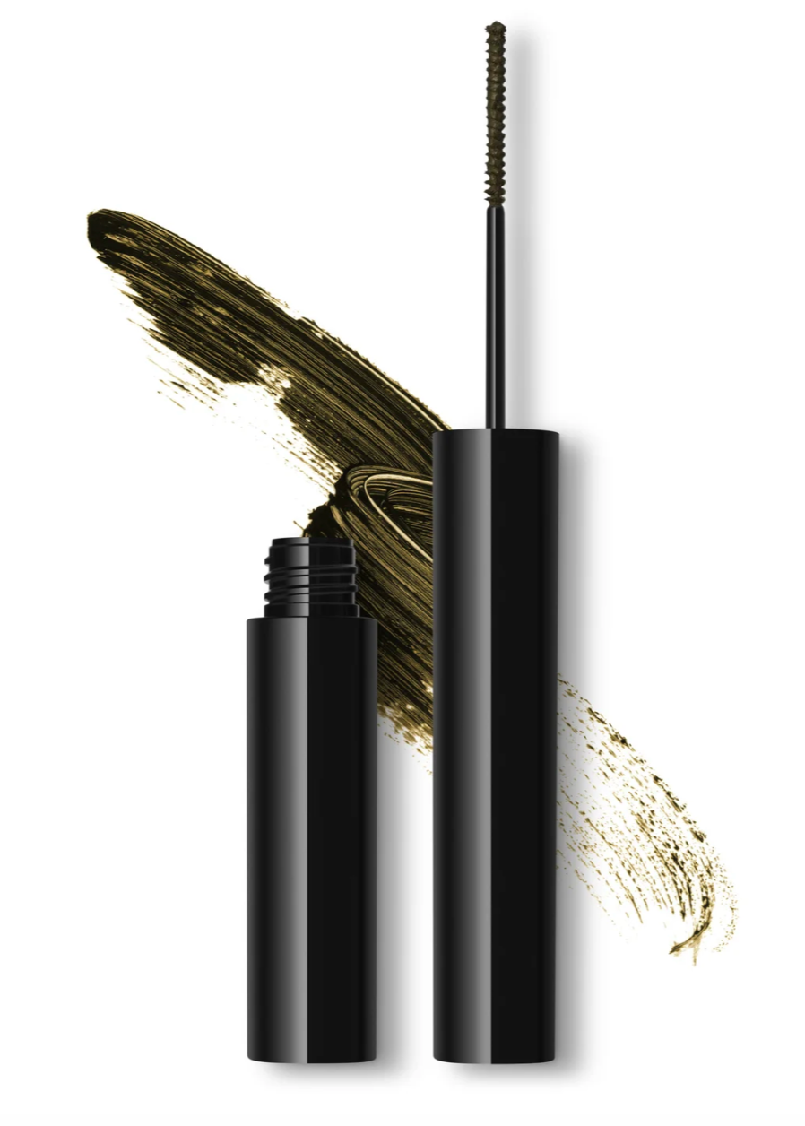 Deep Brunette eyebrow gel with a brush and smudge of gold color on a white background