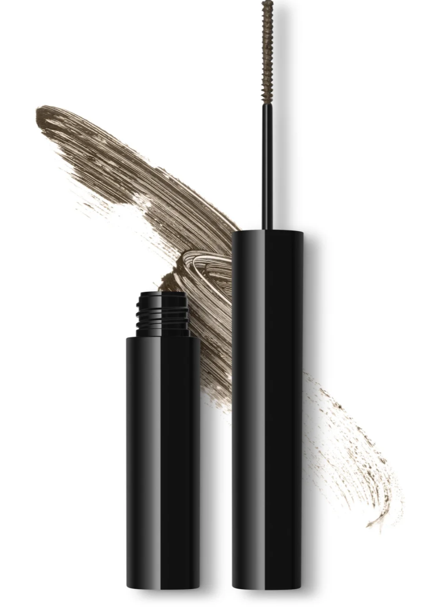 Brunette brow gel with wand and color swatch smudge on white background