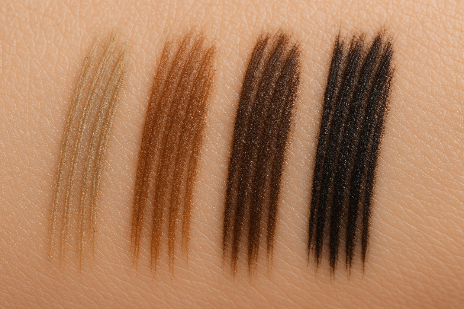 Set of eyebrow pencils in different shades on skin